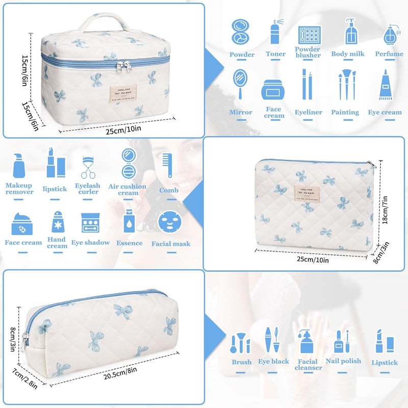 Gosect 3PC Makeup Bag Set, Quilted Makeup Bag, Large Floral Cosmetic Bag for Women, Cute Cotton Makeup Bags, Flower Travel Toiletry Organizer Bag (White and Blue Bow) - Image 2